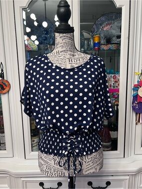 Marci Navy Polka Dot Short Sleeve Smocked Waist Blouse L